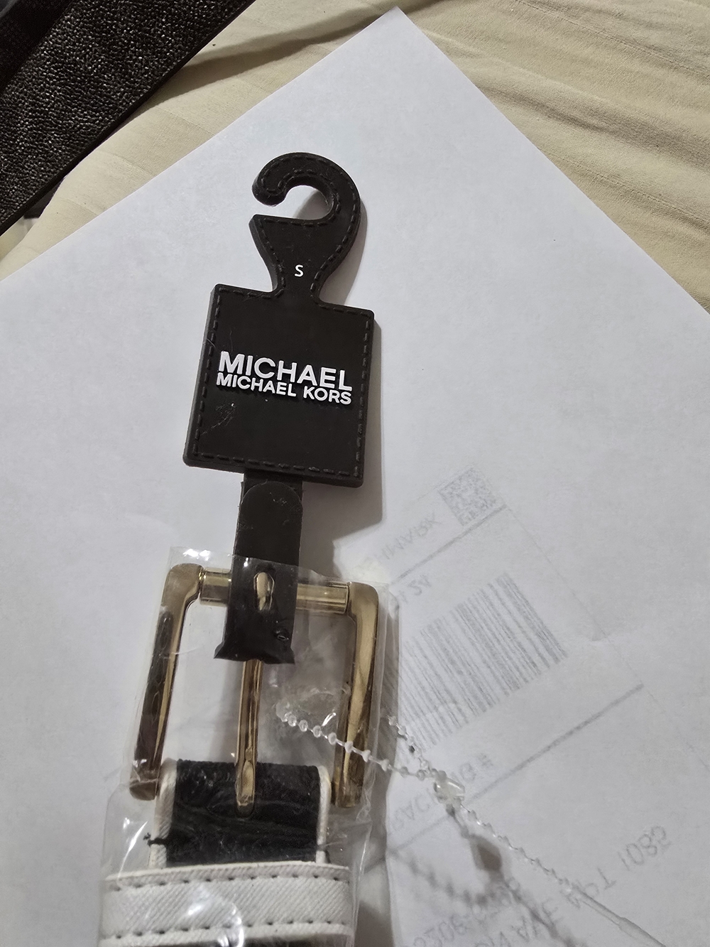 MICHAEL Michael Kors Black and White Leather Belt with Gold Buckle